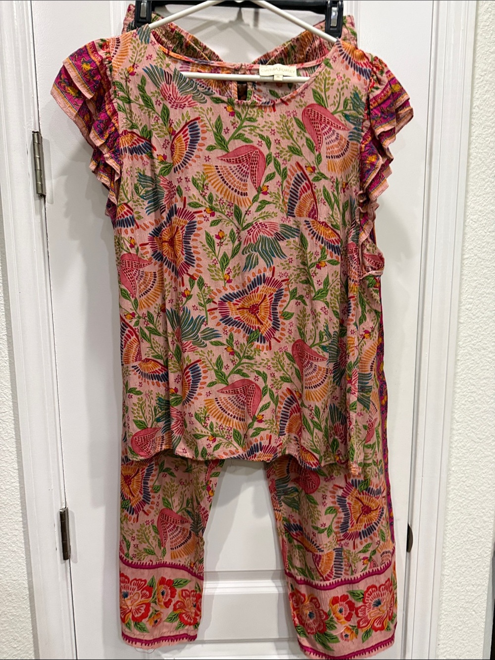 Cynthia Rowley Pink Floral & Multi‑Color Ruffle Sleeve Top and matching pants
